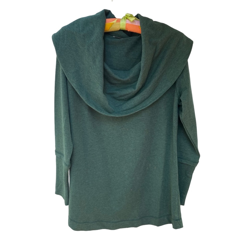 Soft Surroundings Cowl Neck Long Sleeve Top Teal w Floral Velvet Appliqué Size M